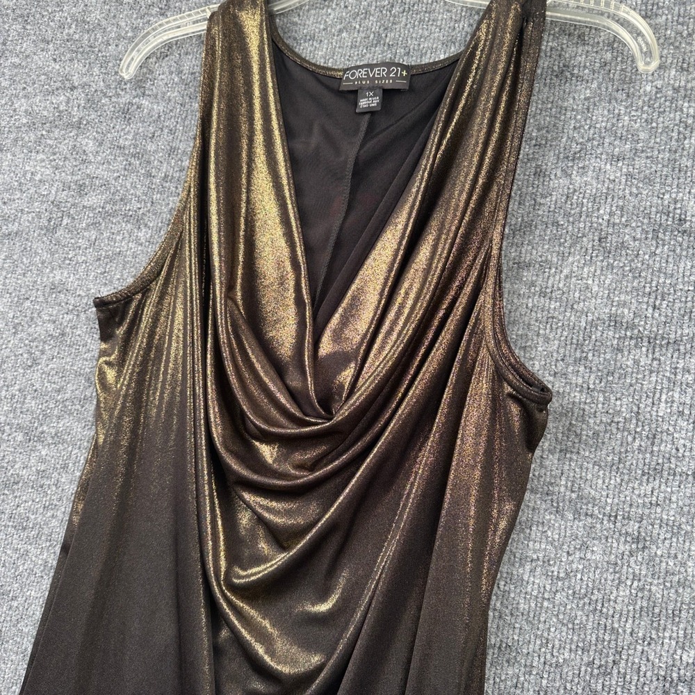 Forever 21+ Women 1X Bronze Metallic Cowl Neck Ruched Blouse Sleeveless
